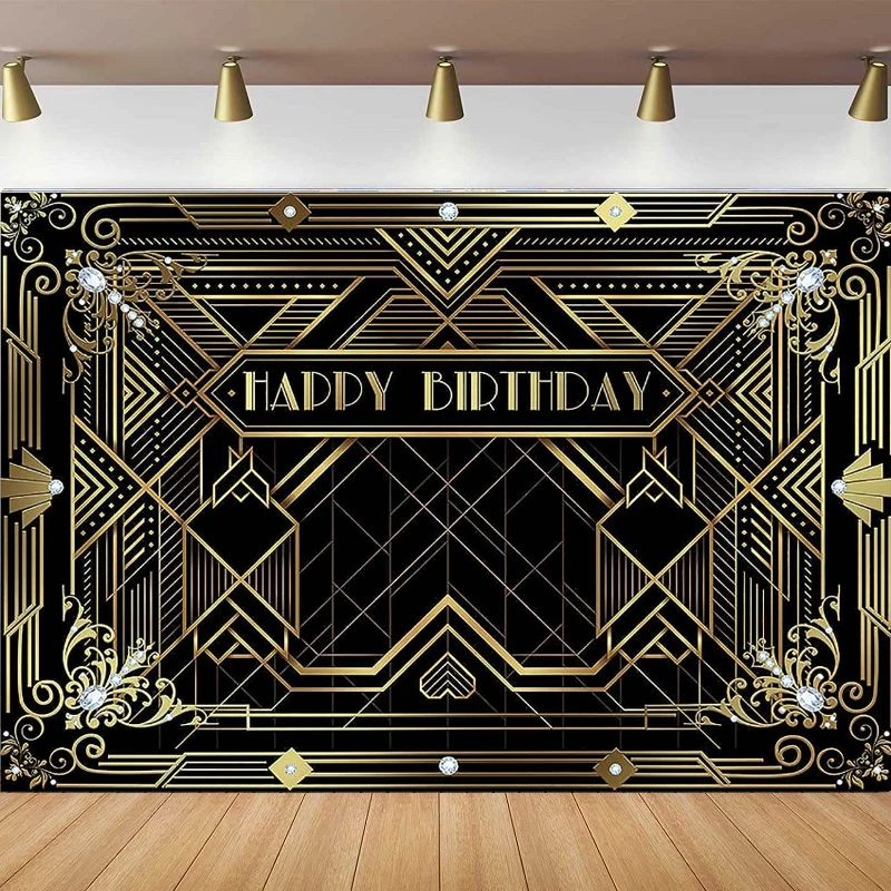 The Great Gatsby Photography Backdrop Roaring 1920s Black And Gold Luxury Happy Birthday Party Decor Background Poster Banner