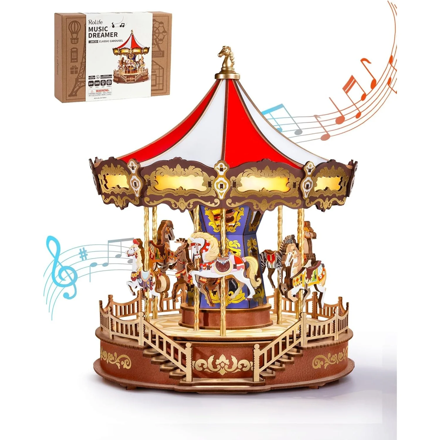Rolife DIY Music Box Mechanical Model Building Kit Classic Carousel 3D Puzzle Toy Craft Kit with LED Light for Home Decor Gift for Adults Friends