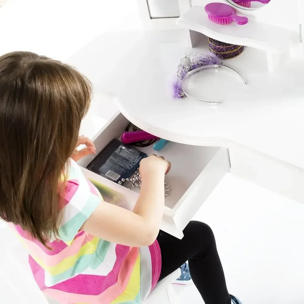 Classic White Wooden Vanity Set with Stool for Kids: Storage Table and Make-up Furniture