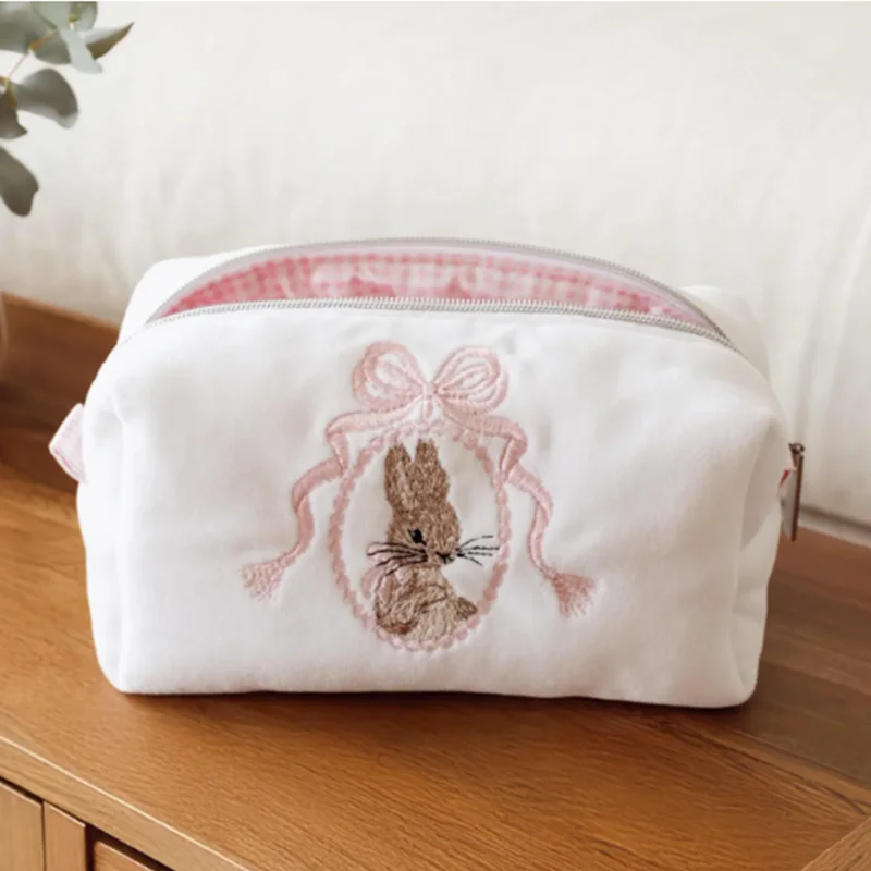 Plush Embroidery Bunny Cosmetic Bag Portable Travel Makeup Pouch For Women Toiletry Skincare Storage Organizer
