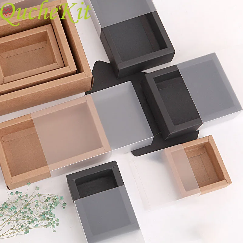 10pcs Kraft Paper Packing Box With Transparent PVC Window Black Delicate Drawer Display Gift Box Wedding Cookie Candy Cake Boxes