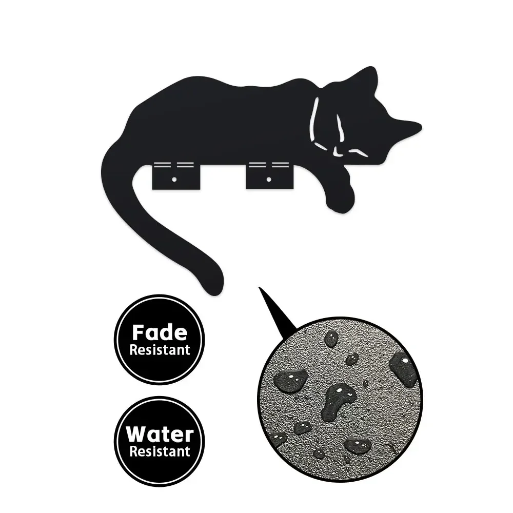 Rustic Black Metal Cat Silhouette Fence Topper - Sleeping Cat Garden Art for Outdoor Decor - Durable Iron Animal Sculpture