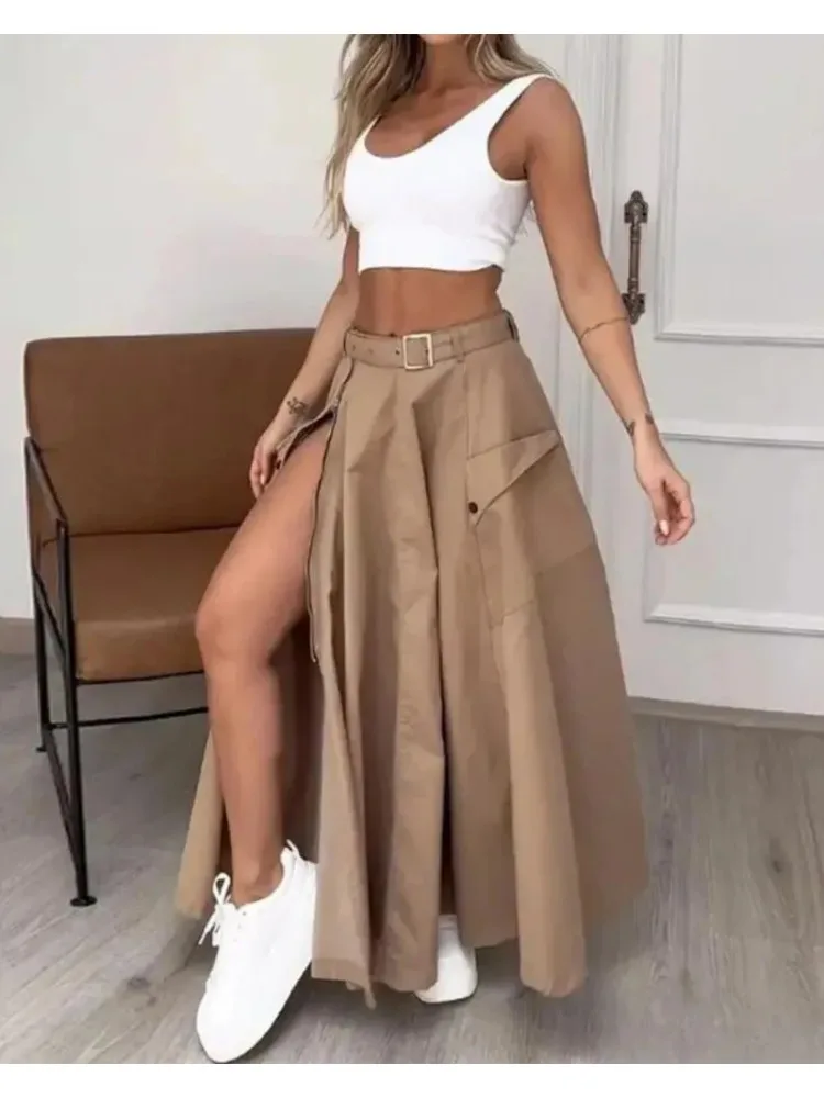 Elegant Skirts for Women Clothing Trend 2024 Casual Spring Autumn Fashion High Waist Irregular Pockets Long Skirt Lady Workwear