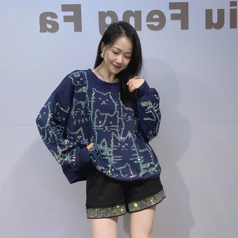Trendy Brand Long Sleeve Top Women Rhinestone Short Sweatshirt Round Neck Autumn New Fashion Versatile Loose Sports Shirt