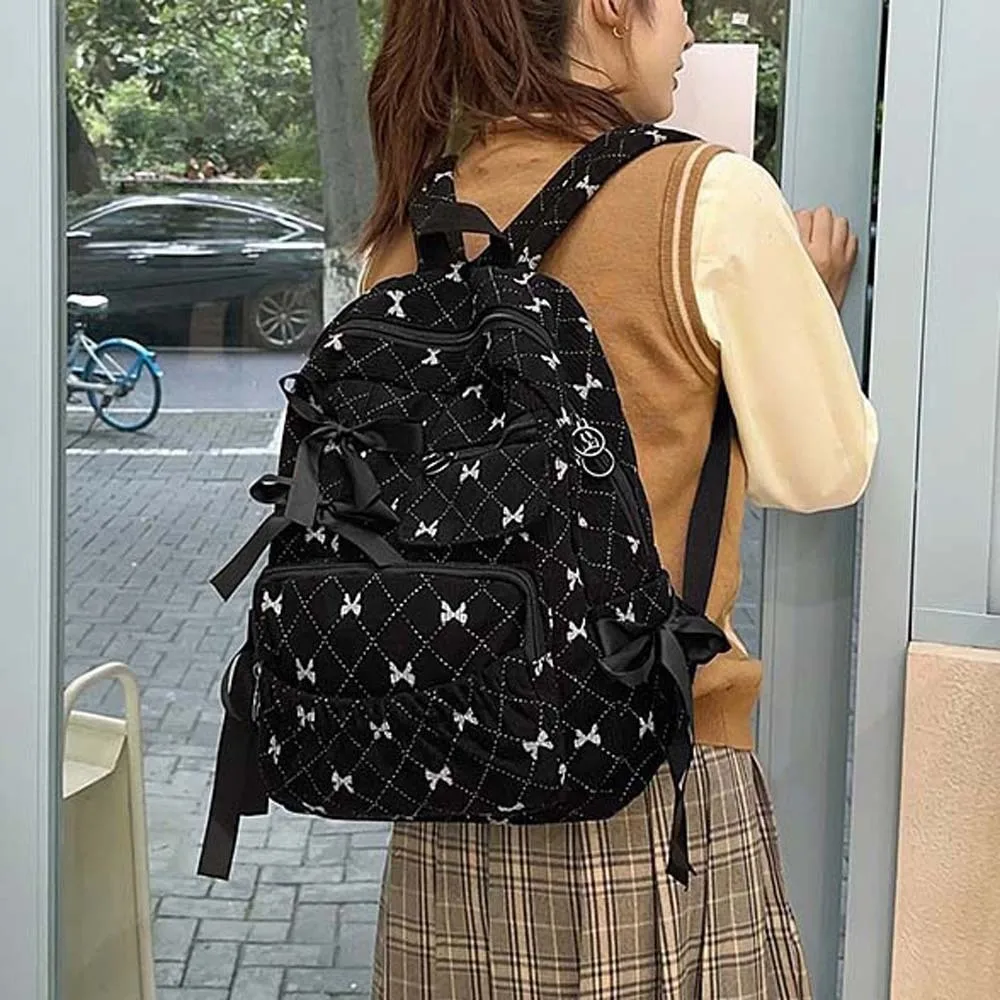 Daypack Corduroy Bow Backpack Silk Design Contrast Color Students School Bag Scratch Prevention Polyester