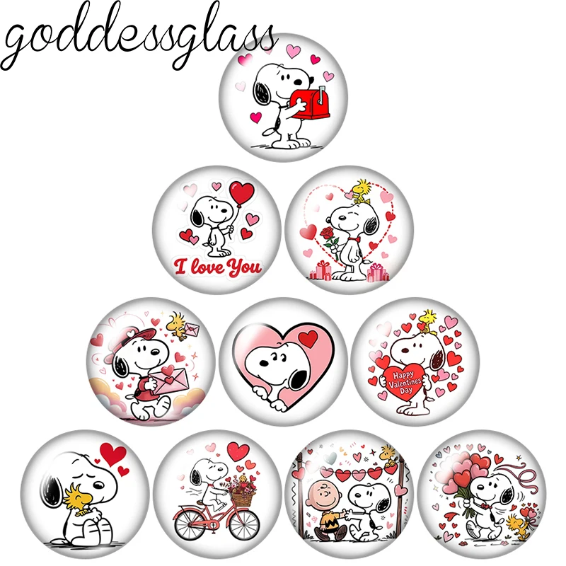 Snoopy Love sendet die Hearts Valentine's Round 12mm/18mm/20mm Fotoglas-Cabochons mit flacher Rückseite für die Herstellung von Schlüsselanhänger-Schmuck.