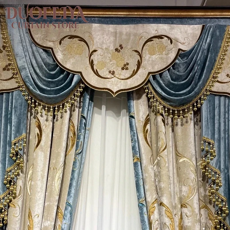 

High-end Luxury Villa European-Americancurtains for Living Room and Bedroom Blackout Curtains Custom Blue Embroidered Curtain