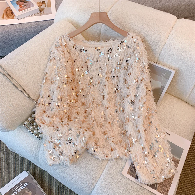 Elegant Sequined Feather Blouse Women Spring Autumn Party Tops and Blouses Long Sleeve Shirt Blusas Mujer