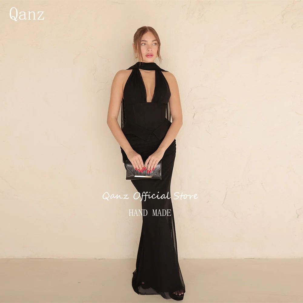 

Qanz Modest Black Evening Dresses Mermaid V Neck Formal Dresses Woman Sleeveless Vestidos De Fiesta Elegantes Customized