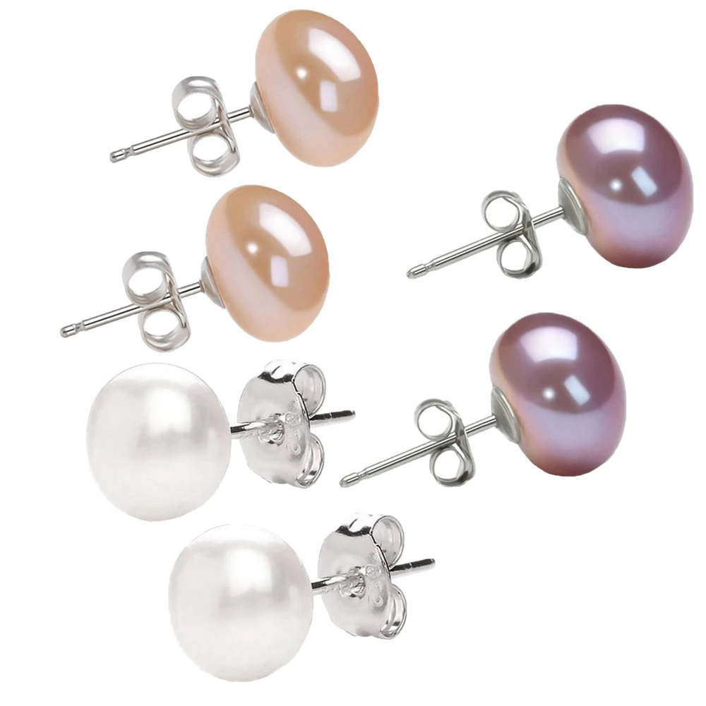 Women's Earrings Natural Freshwater Pearl Earrings 925 Silver Earrings/White/Pink/Purple/Three Pairs of Earrings