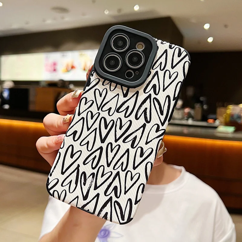 Simple Graffiti Love Heart Soft Silicone Case For iPhone 15 14 11 13 12 Pro XS Max 7 8 Plus SE X XR INS White Cover Couple Shell