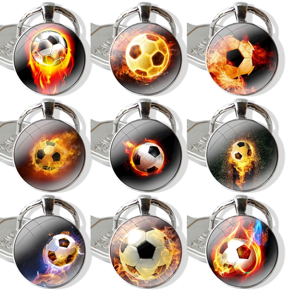 Glass Metal Pendant Key Chain Classic Men Women Key Ring Accessories Jewelry Gifts Fire Football Soccer Ball