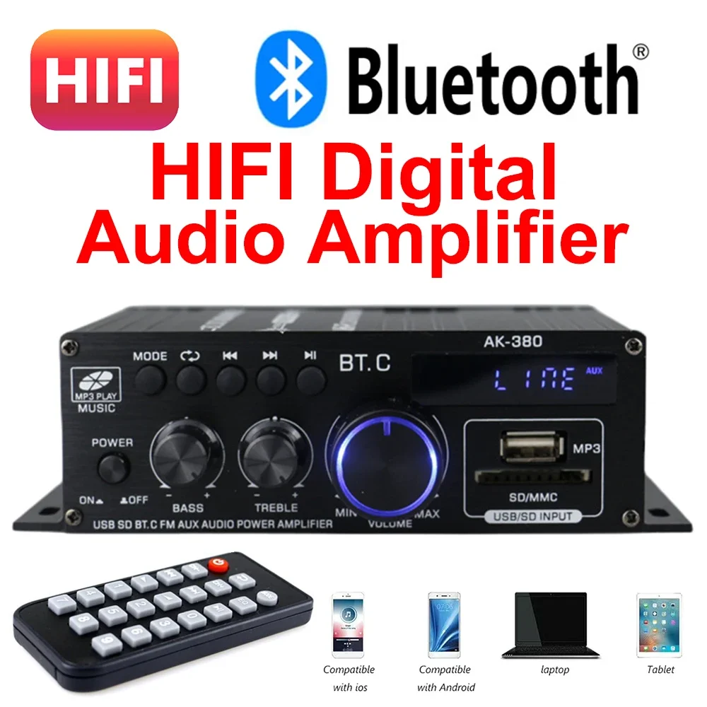 

HIFI Digital Audio Amplifier AK380 Bluetooth Home Power Amplifier Sound Channel 2.0 Bluetooth 5.0 Stereo Music Player USB SD AUX
