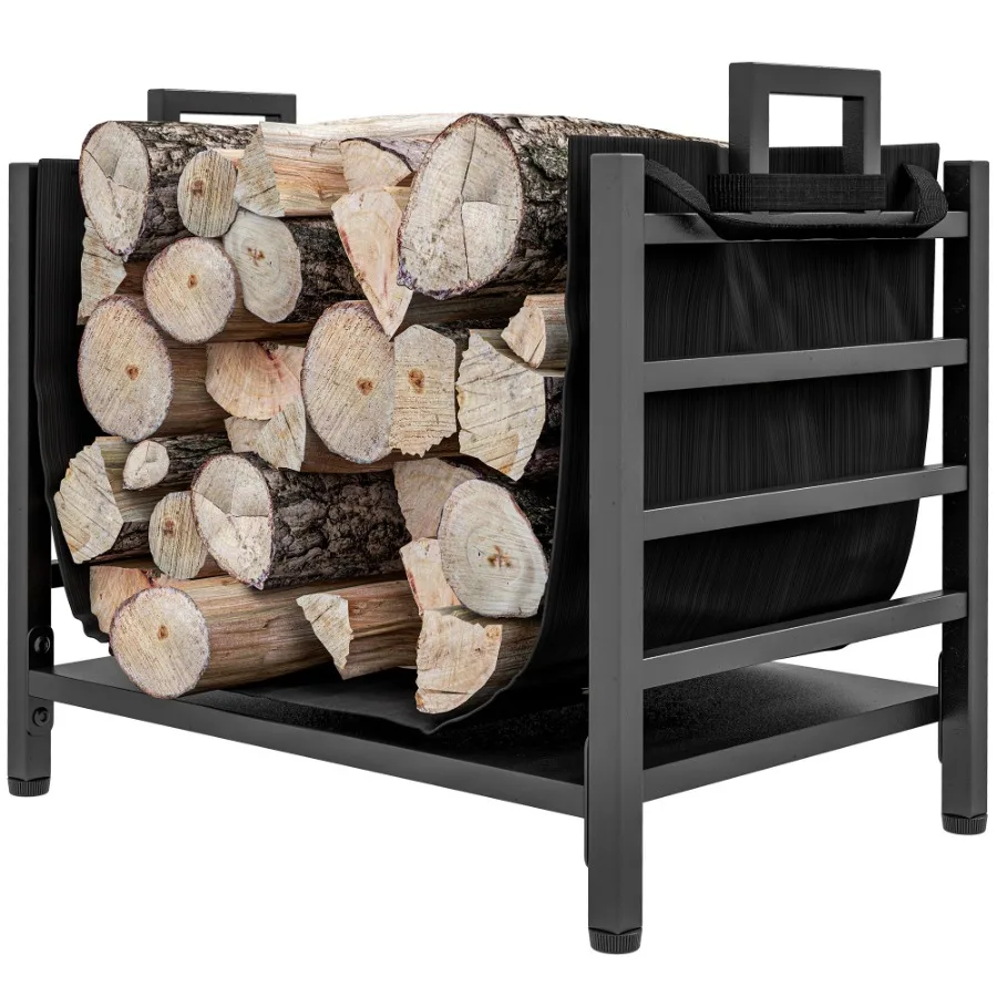 

Firewood Rack Indoor Outdoor Wood Storage Log Holder with Log Carrier Handles 19.3 x 13.4 x 17.3 Black
