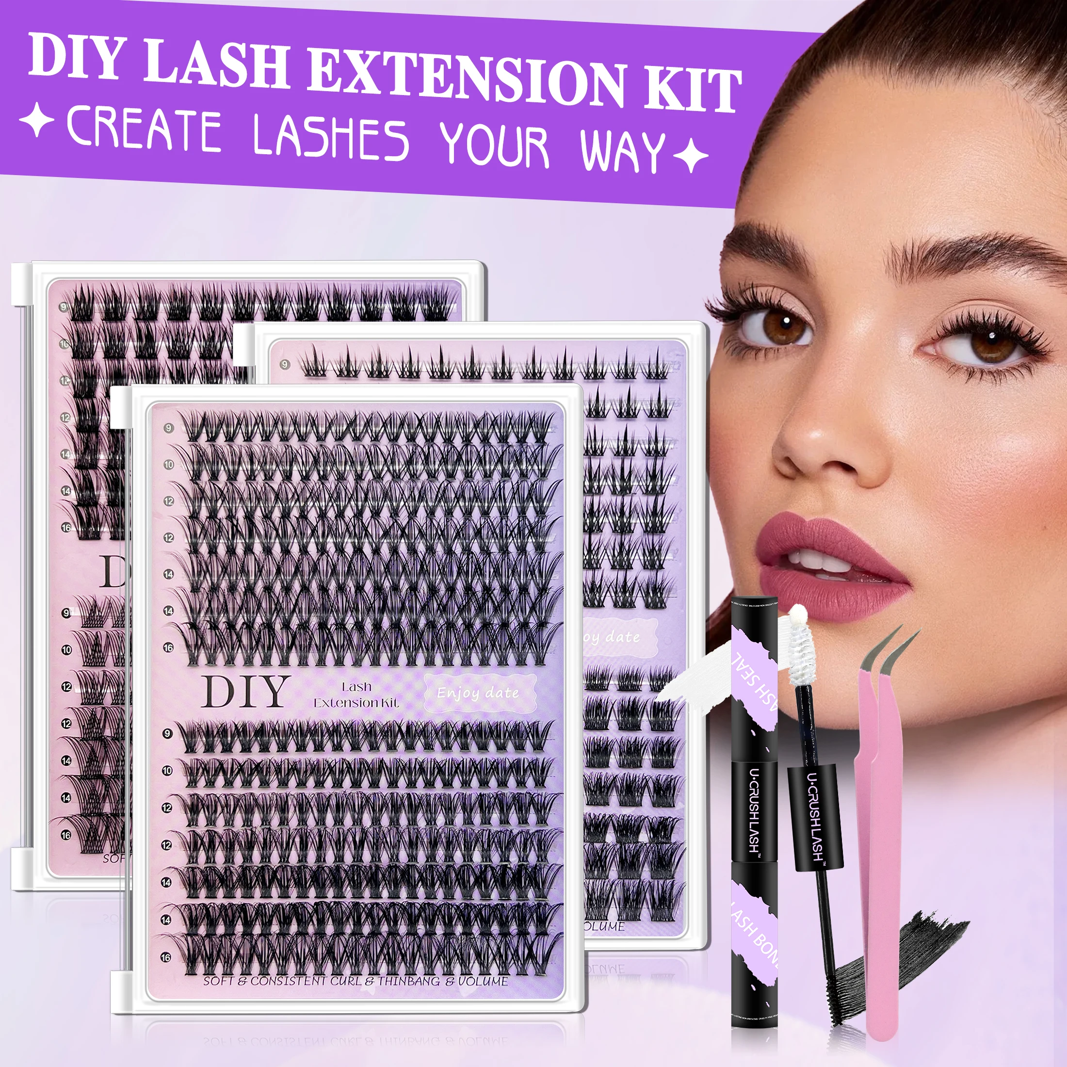 DIY Eyelash Extensions Kit  280pcs D Curl Wispy Fluffy Lash Clusters, False Eyelashes Set with glue makeup tools & accessories