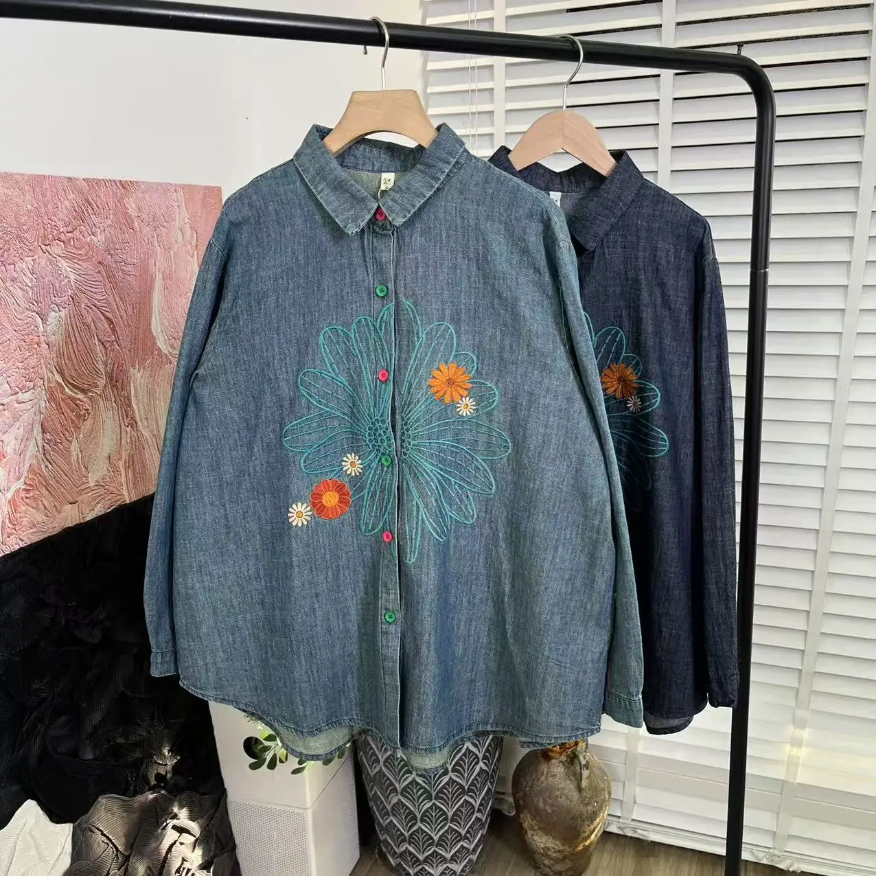 

Women's plus size clothes autumn vintage art floral embroider denim shirts and blouses for women retro long sleeve tops