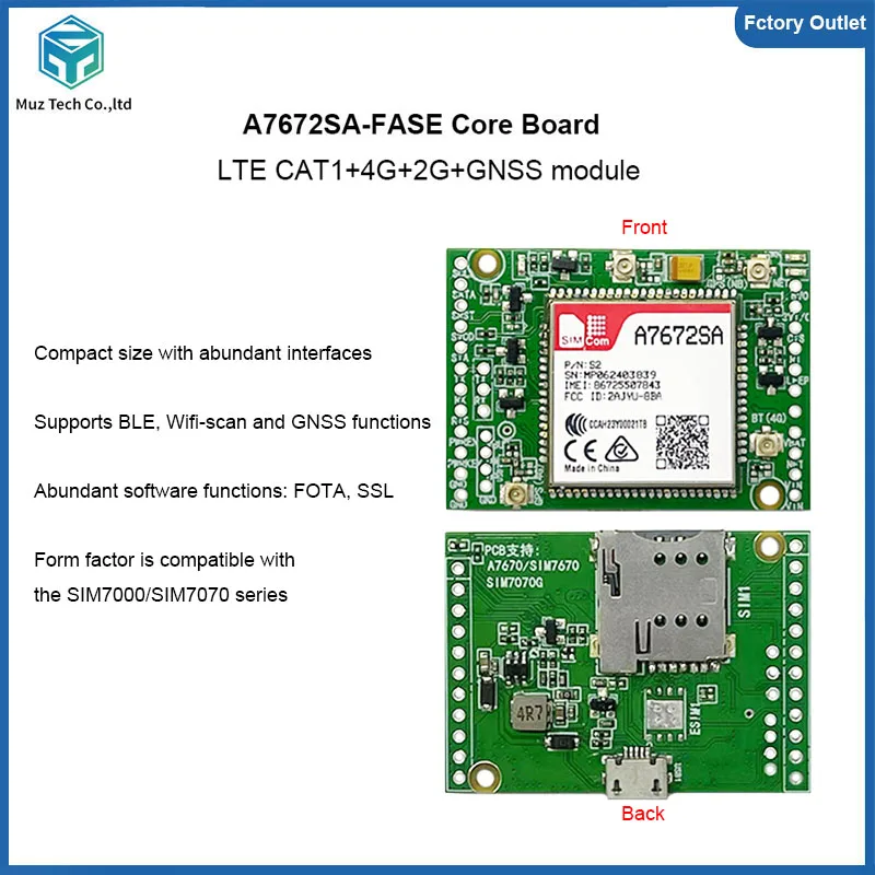 SIMCom A7672SA-FASE Core Board 4G+GNSS LTE CAT1 Module Dual-row Pin Board Breakout Kit For New Zealand/Australia/South America