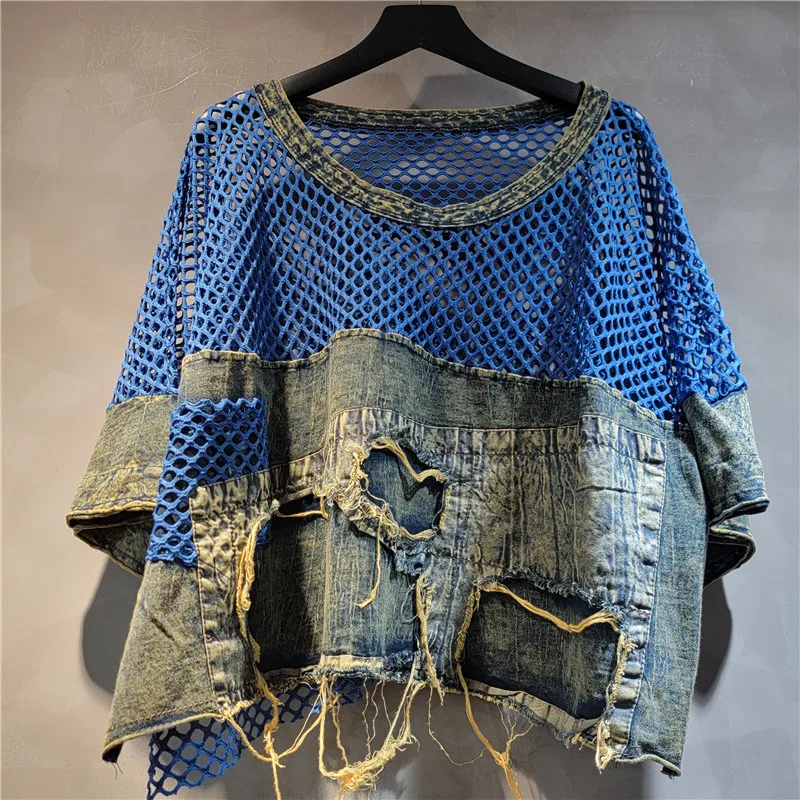 HKSH 2026 Spring Summer New Women Set O-neck Short Sleeves Mesh Patchwokr Distressed Denim T-Shirt Baggy Jeans Retro Y2K HK18419
