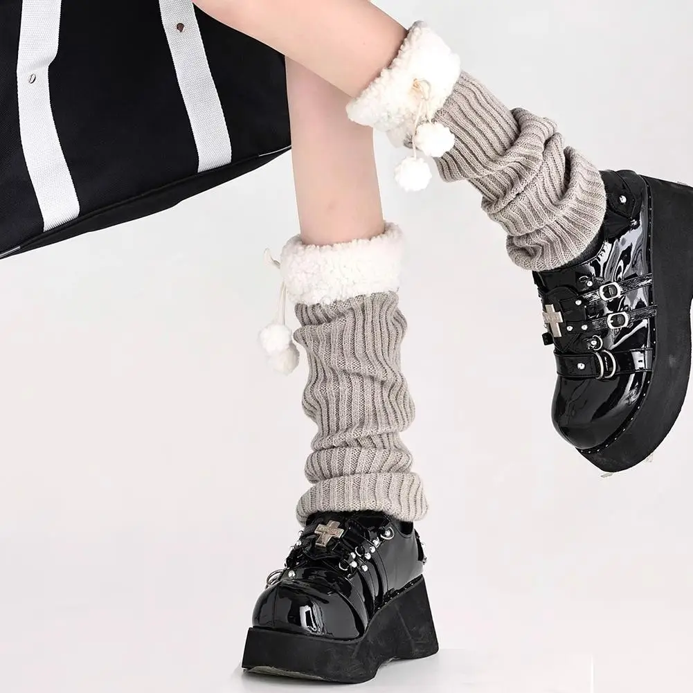 جوارب لوليتا لتدفئة الساق على الطراز الياباني من صوف الضأن مع جوارب بوم بومس JK عصرية قابلة للتكديس للنساء والفتيات