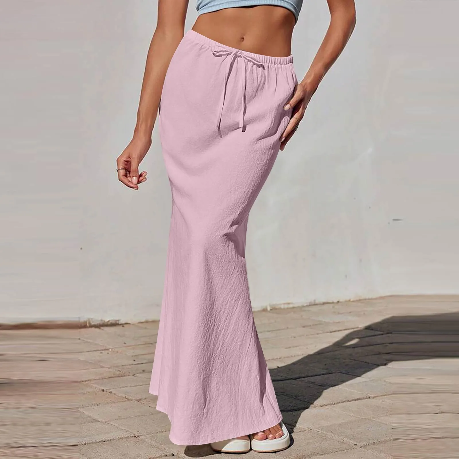 Women's Casual Fashion Solid Color Swing Fishtail Split Skirt Drawstring Elastic Loose Sexy Hip Lifting Pockets Half body Skirt