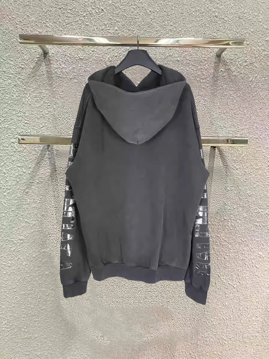 Parisian Autumnal Washed Black Hoodie Long Sleeve Unisex Loose Fit Couple Matching Sweatshirt Cotton Fleece Anti-Wrinkle