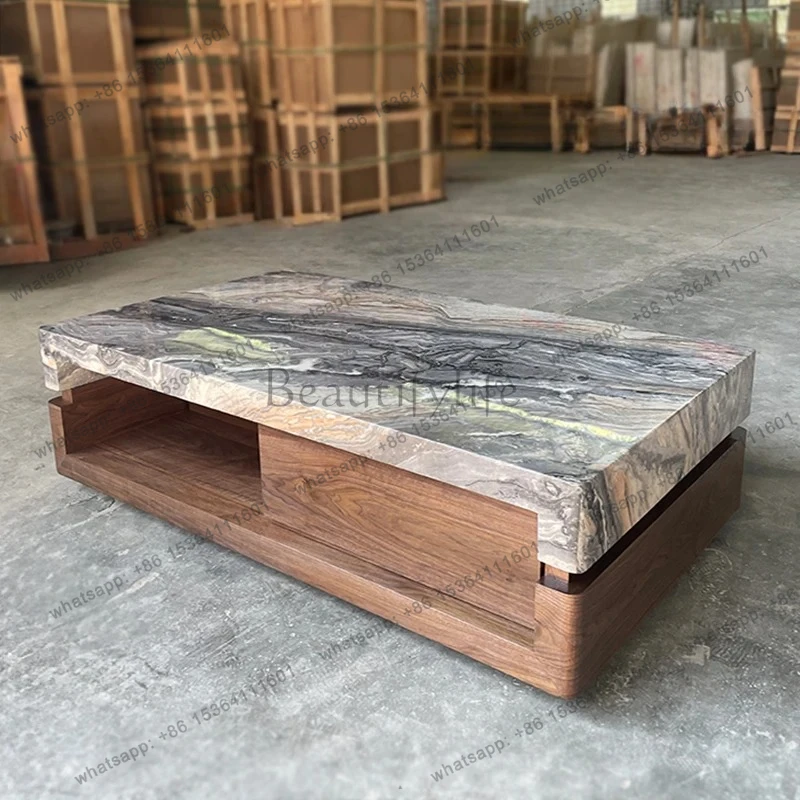 

Marble coffee table minimalist luxury stone antique style storage high-end walnut living room home fashion
