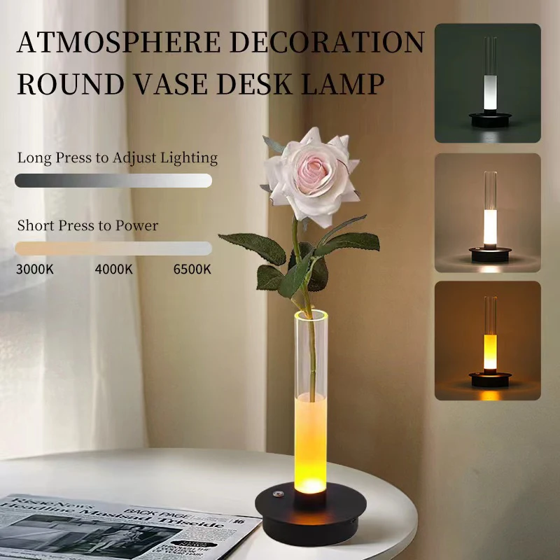 

LED Tri Color Dimming Vase Lamp For Home Dining, Bedroom, Bar, Decorative Atmosphere, Table Lamp, Portable Touch Camping Lamp