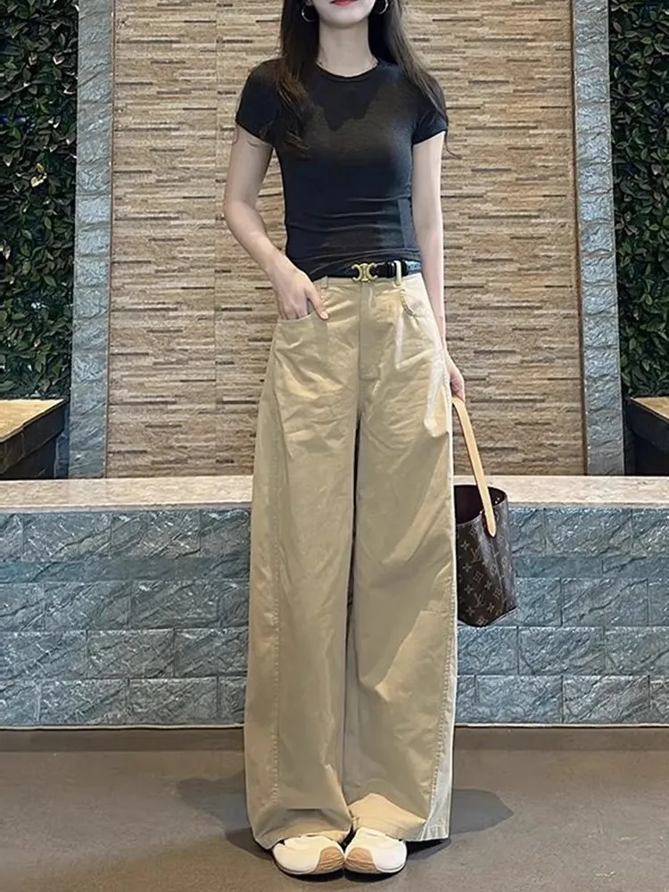 

Summer plus Size Korean Sle Simple Age-Defng ort Sve T-irt Khaki Wide Leg Pants Slim Fit Two-Piece Set Trendy