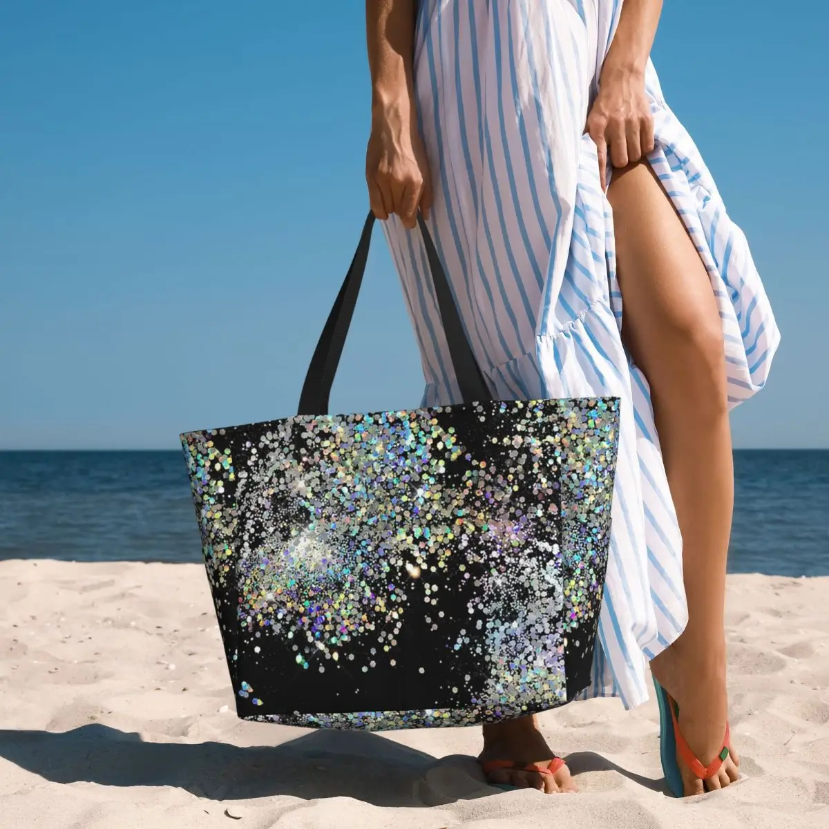 

Black And Multicolor Sequins Faux Beach Tote Bag Sport Gym Yoga Duffle Large Tote Bag Women Travel Bag Fitness bag