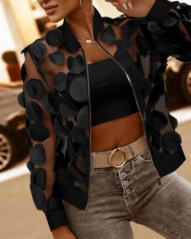 Spring Women's Mesh Jacket Fashion Appliques Sheer Mesh Baseball Collar Coat Zip Up See Through Casual Long Sleeve Jacket