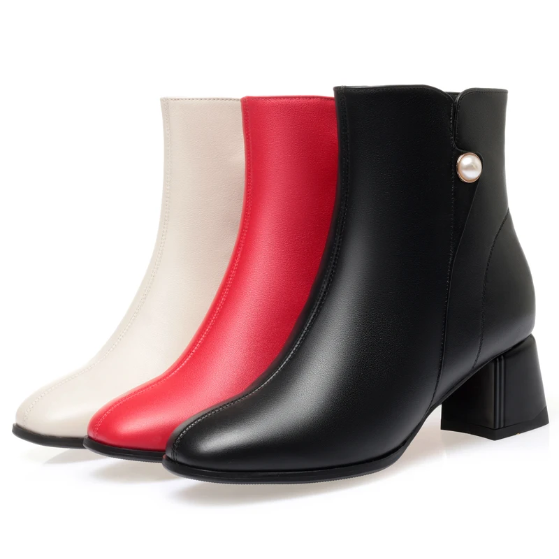 AIYUQI Women Fashion Boots Red Wool Warm Winter Genuine Leather Booties Women Mid Heel Wedding Banquet Dress Boots Women