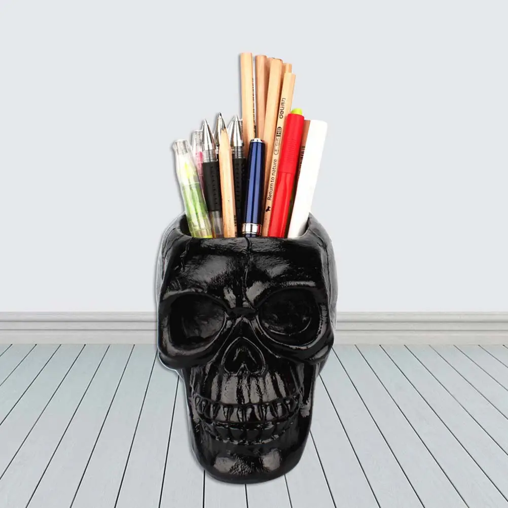 Creative Skull Storage Box Resin Black Pen Holder Desk Decor Halloween Halloween Party Ornaments Home Organizer