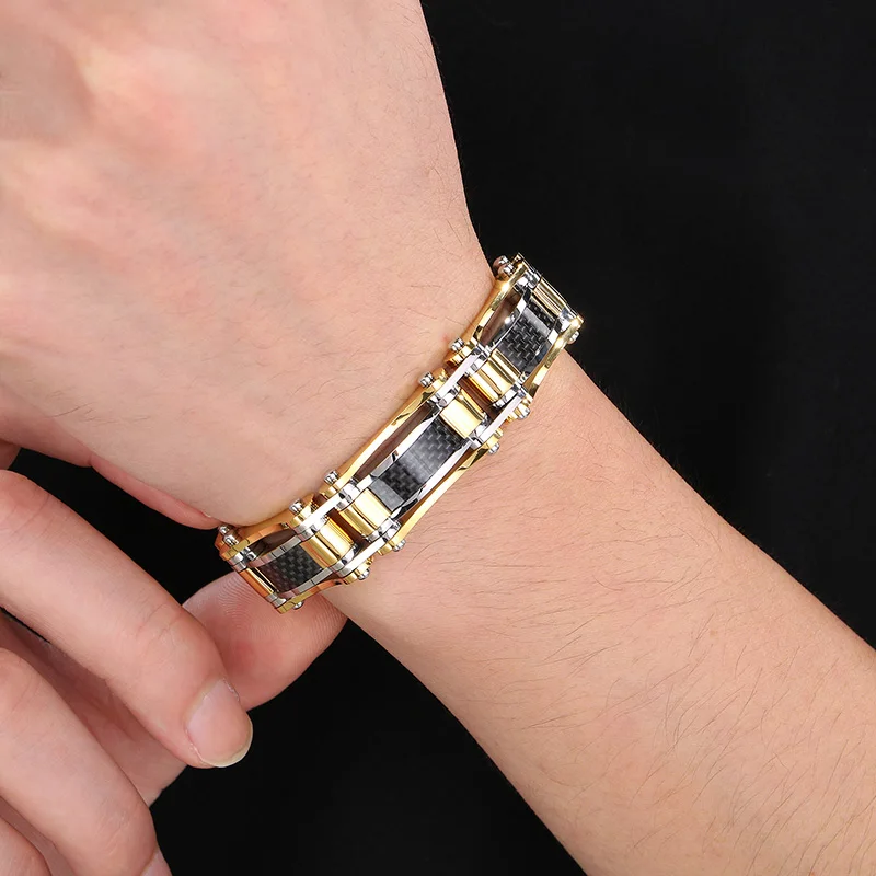 Kalen Hip Hop Hundred Chunky Stainless Steel Biker Bracelet Men's Splicing Hand Accessory 15mm Heavy Clasp Carbon Fiber Jewelry