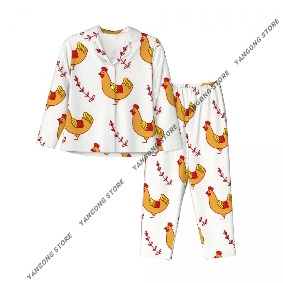 여성 잠옷 라운지웨어 치킨과 나뭇가지 배경 긴 소매 라펠 넥 셔츠와 신축성 있는 허리 바지 파자마 세트