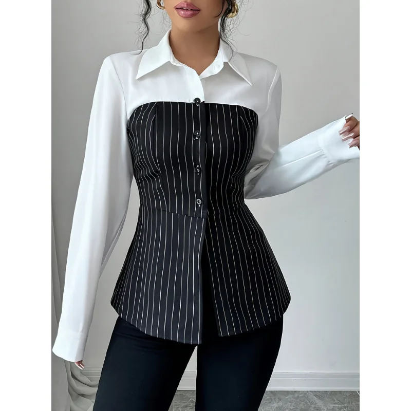 2026 Autumn And Winter New Shirt Collar Single Breasted Spliced Striped Shirt Dresses For Women Y2k、 Midi Femme Maxi