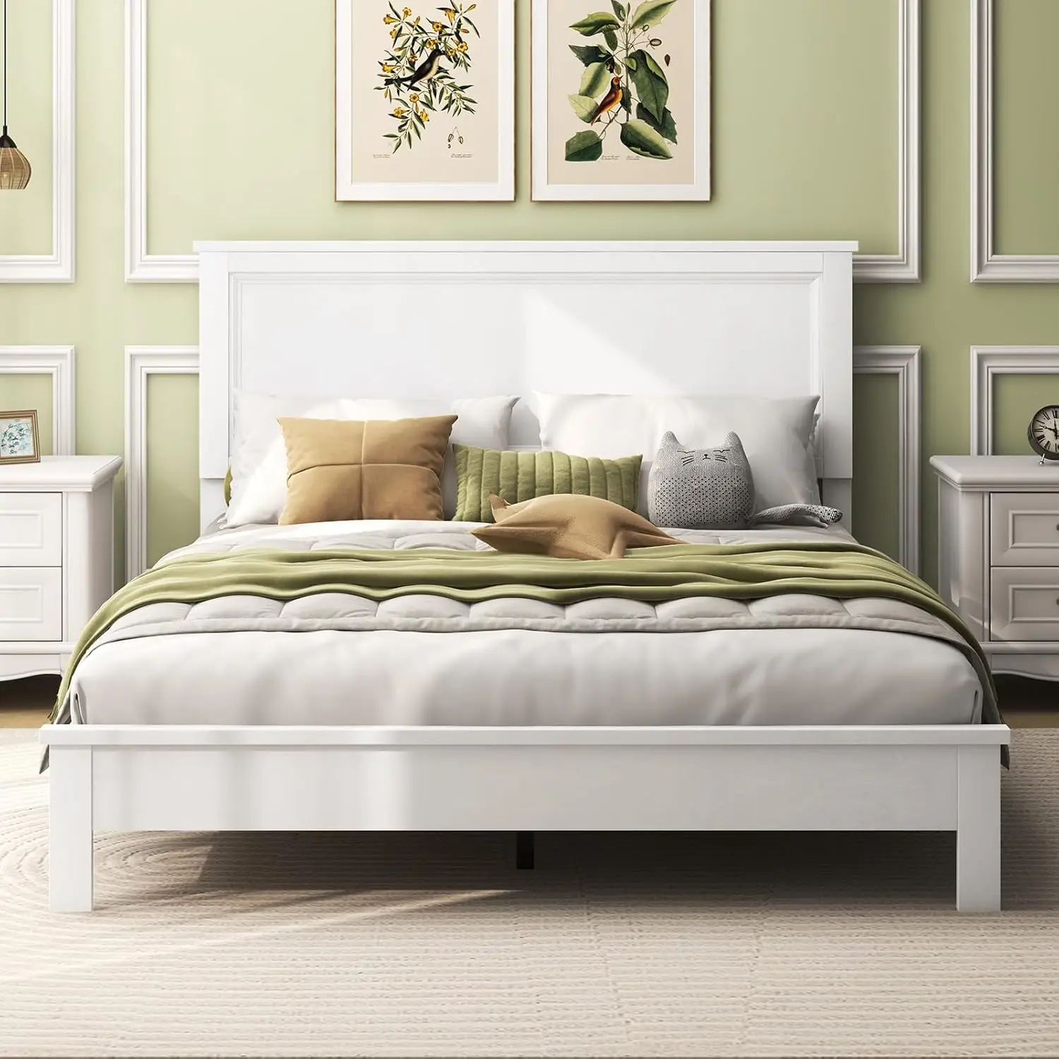 

Wood Queen Platform Bed Frame with Headboard, Mid Century Bed Frame with Solid Wood Legs & Wooden Slat Support,White Bed