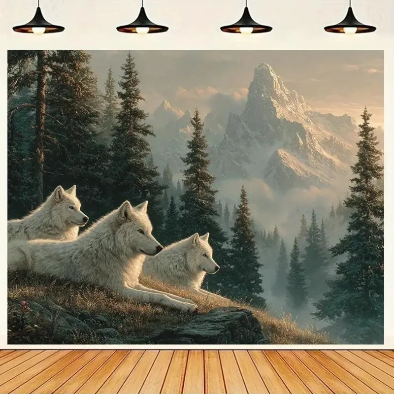 White Wolves Mountain Forest Wall Tapestry 2D Flat Printing Wildlife Art Nature Decor Home Interior Design Living Room Wallpaper