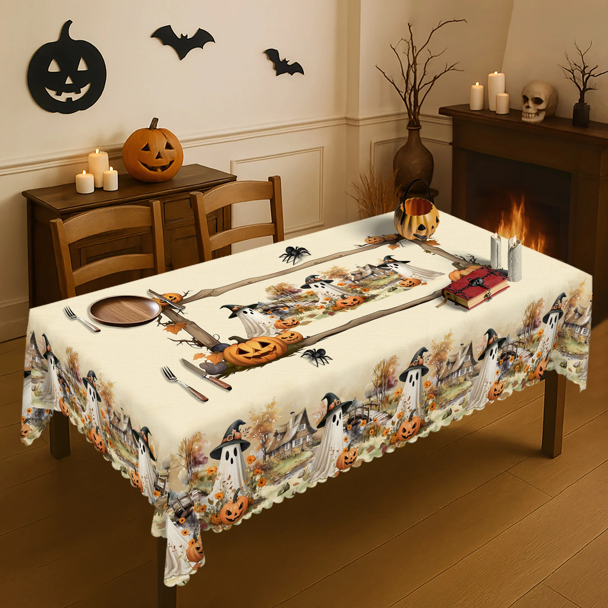 1 piece, vintage autumn Halloween tablecloth, pumpkin lanterns, ghosts and autumn leaves design - country farmhouse style