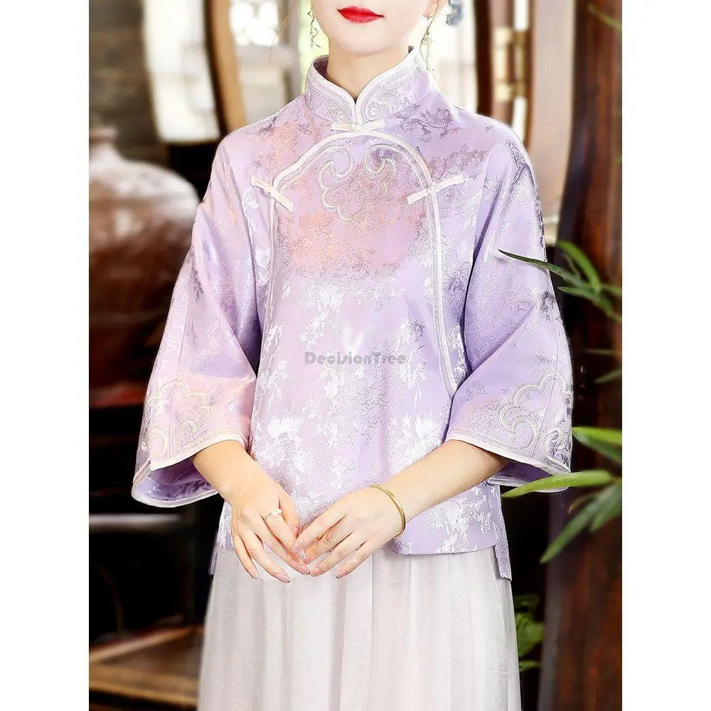 2023 estilo chinês feminino qipao cheongsam gola blusa retro solto meia mangas tang terno chá zan roupas para mulher g479