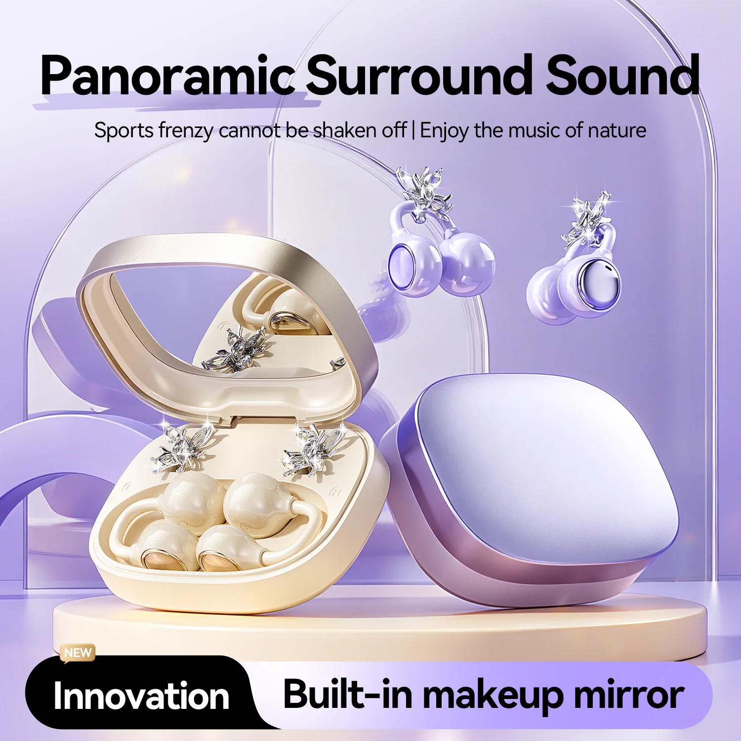 Bluetooth 6.0 Open-Ear Headphones with Makeup Mirror, Detachable Diamond Audífonos, 20Hz Bass Earphones for Women & Girls