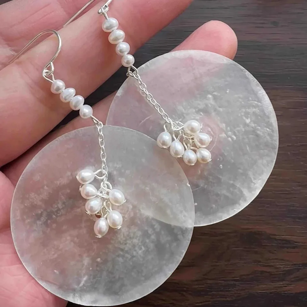 Fashion Temperament Pearl Tassel Imitation Fritillary Thin Round Piece Dangle Earrings for Women Party Vacation Jewelry Gifts