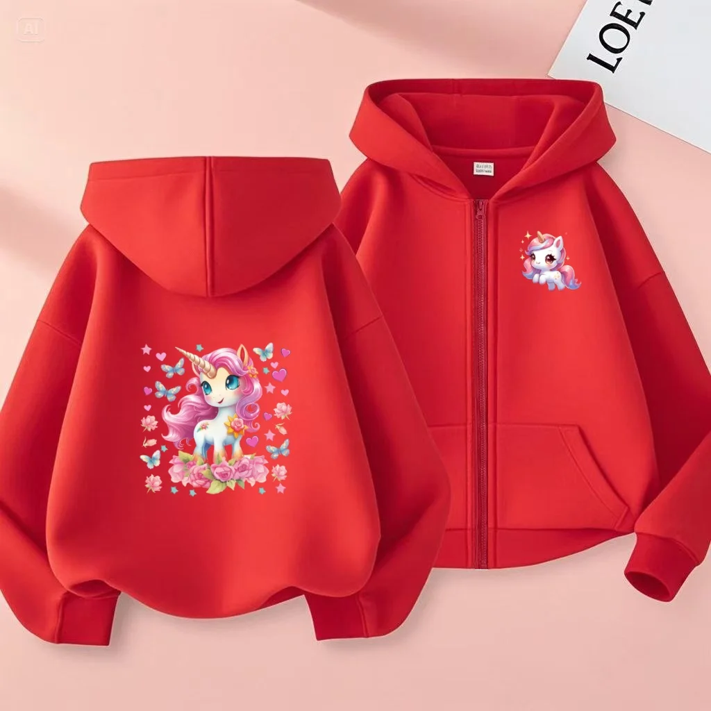 Children's Pretty Girl Pink Gift Charming Unicorn Cardigan Hoodies Kawaii Zipper Style Girls Boy 3-12Yrs Leisure Sweatshirt Coat
