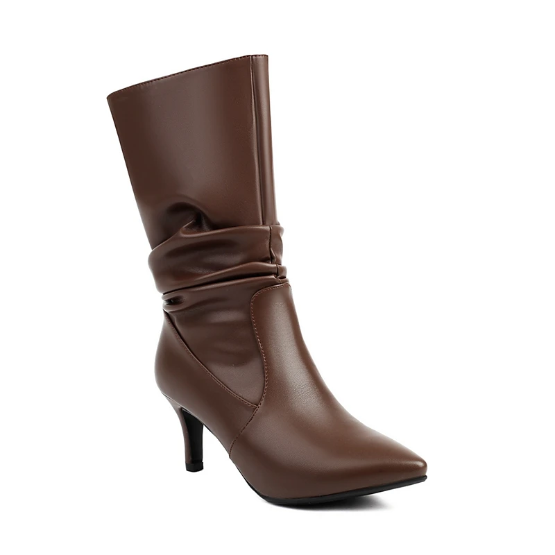 Women's new autumn and winter pointed pleated soft leather high-heeled oversized and calf knight short boots