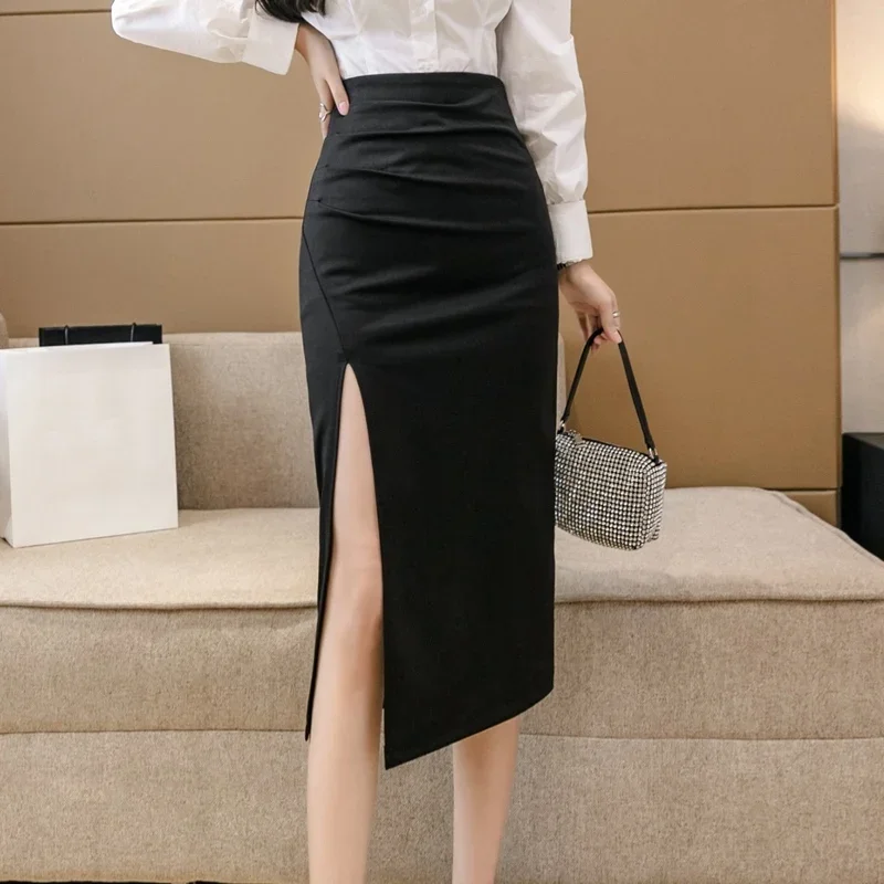 Sexy Mid Length Black Skirts Owmen 2024 Elegant Fashion High Waist Faldas Largas Korean Style Office Ladies Bodycon Summer Skirt