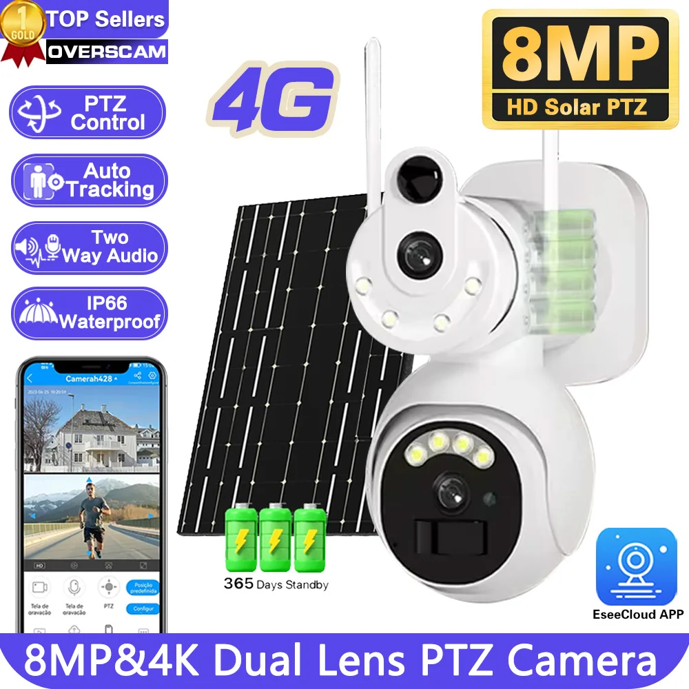 4G SIM Solar Security Cameras Wireless Outdoor 8MP 4K HD Video Surveillance Color Night Vision Human Auto Tracking 4G SIM Card