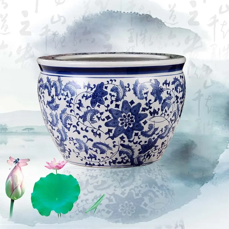 Ceramic Fish Bowl Round Chinese Blue and White Twigs Flower Porcelain Fish Bowls Tank Oriental Fish Bowl 12 Inch Traditional