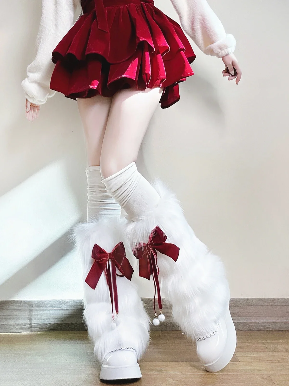 Christmas Day Burgundy Bow White Plush Lolita Leg Warmers Women's Sweet Cute Girls Warm Thickened Y2k Foot Warmers Long Socks