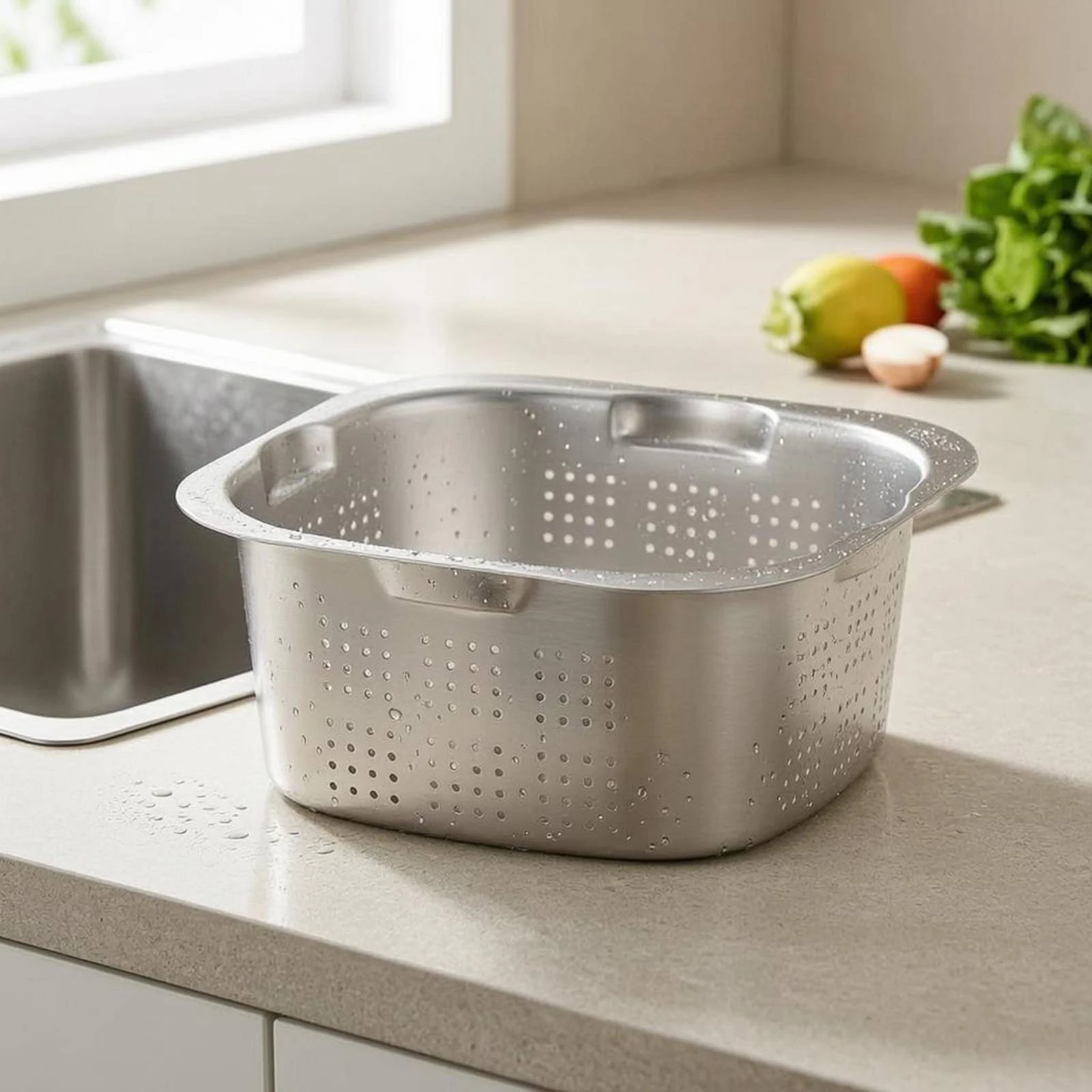 Double-Layer Draining Basin Perforated Stainless Steel Colander Set Square Strainer Bowl Flat Wide Rim Kitchenware Stackable