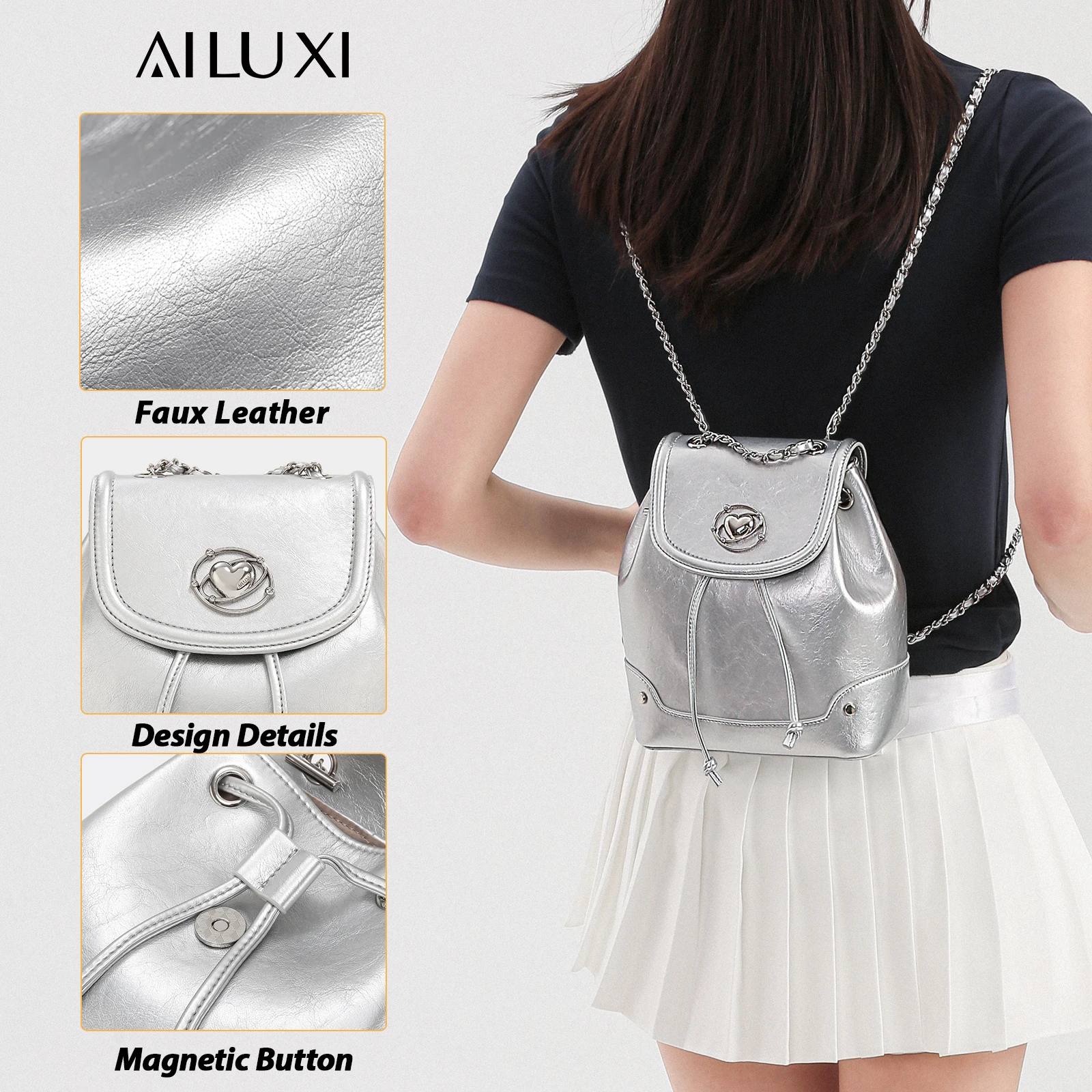 AILUXI Women Backpack Shoulder Bag 2024 New Chain Fashion Book Bag for Work Travel Silver Large Capacity Backpack Handbag