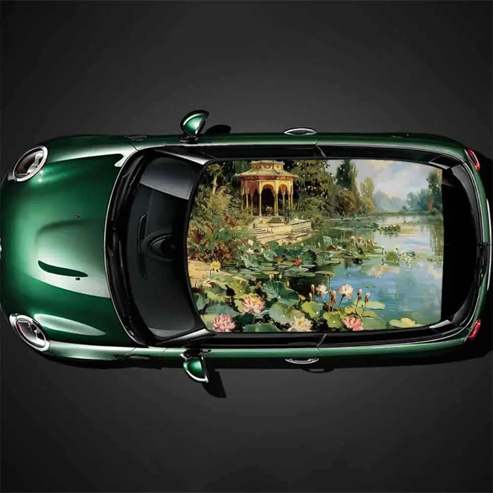 Lotus Pond Landscape Painting Car Roof Sticker Wrap Racing SUV Auto Accessories Packaging PVC Car Hood Graphic Decal Decoration